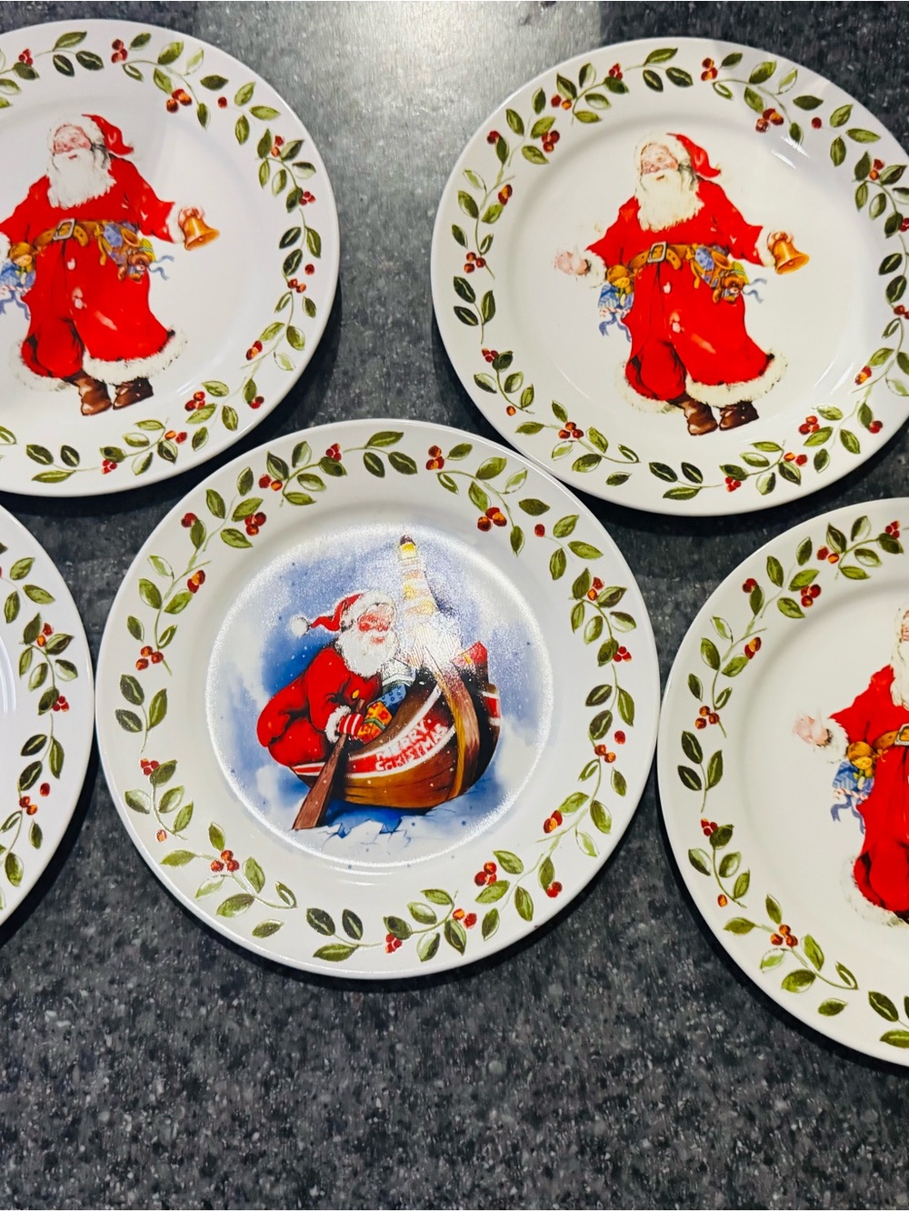 Royal Norfolk Holiday Santa Dinner Plates in Red, Green, White